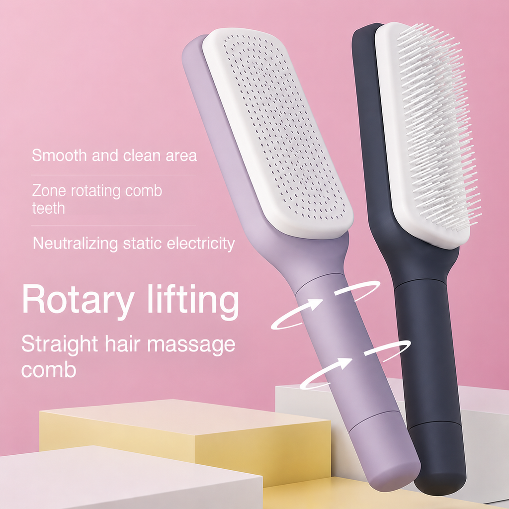 Premium Hair Comb Rotating Detangler Brush for Curly Hair, Anti-Frizz Self Cleaning Hair Brush with Flexible Bristles, Scalp Massage Comb for Men Women Kids