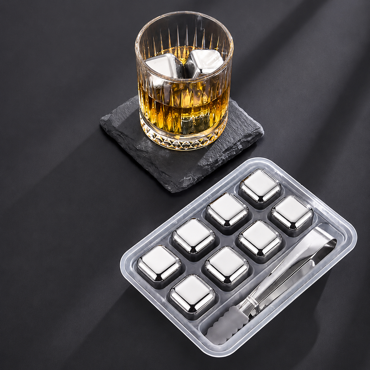 8Pcs Stainless Steel Whiskey Stones Ice Cubes with Tongs &amp; Container - Food Grade Quick-Frozen Ice for Wine - Metal Ice Cubes for Chilling Red Wine