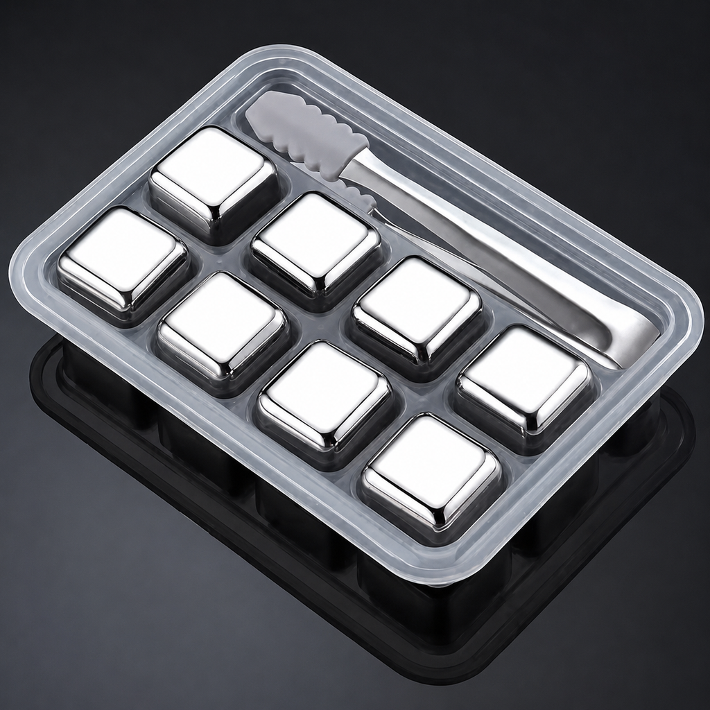 8Pcs Stainless Steel Whiskey Stones Ice Cubes with Tongs &amp; Container - Food Grade Quick-Frozen Ice for Wine - Metal Ice Cubes for Chilling Red Wine